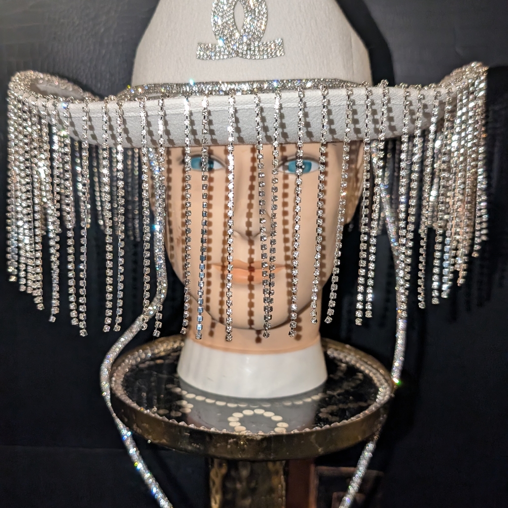 White Rhinestone Fringe Hat